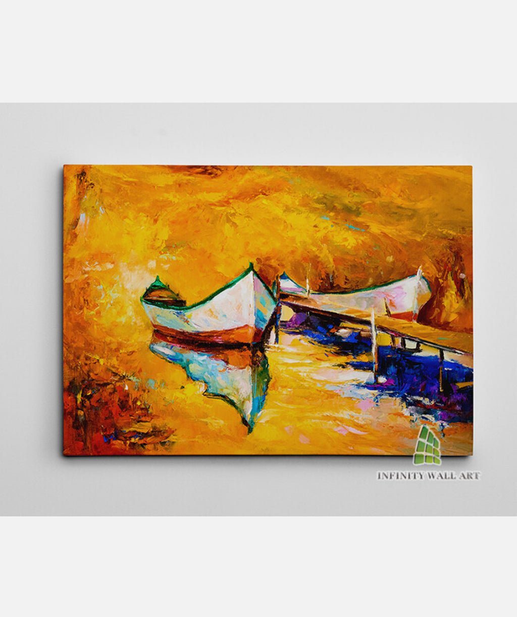 ABSTRACT Canvas Art Sunset & Boats Oil Painting Wall Print Picture Decor