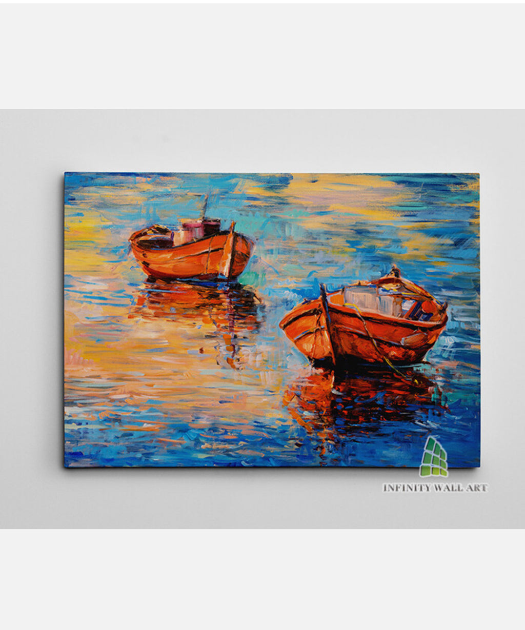 ABSTRACT Sunset & Boats Canvas Art Oil Painting Wall Print Picture Decor