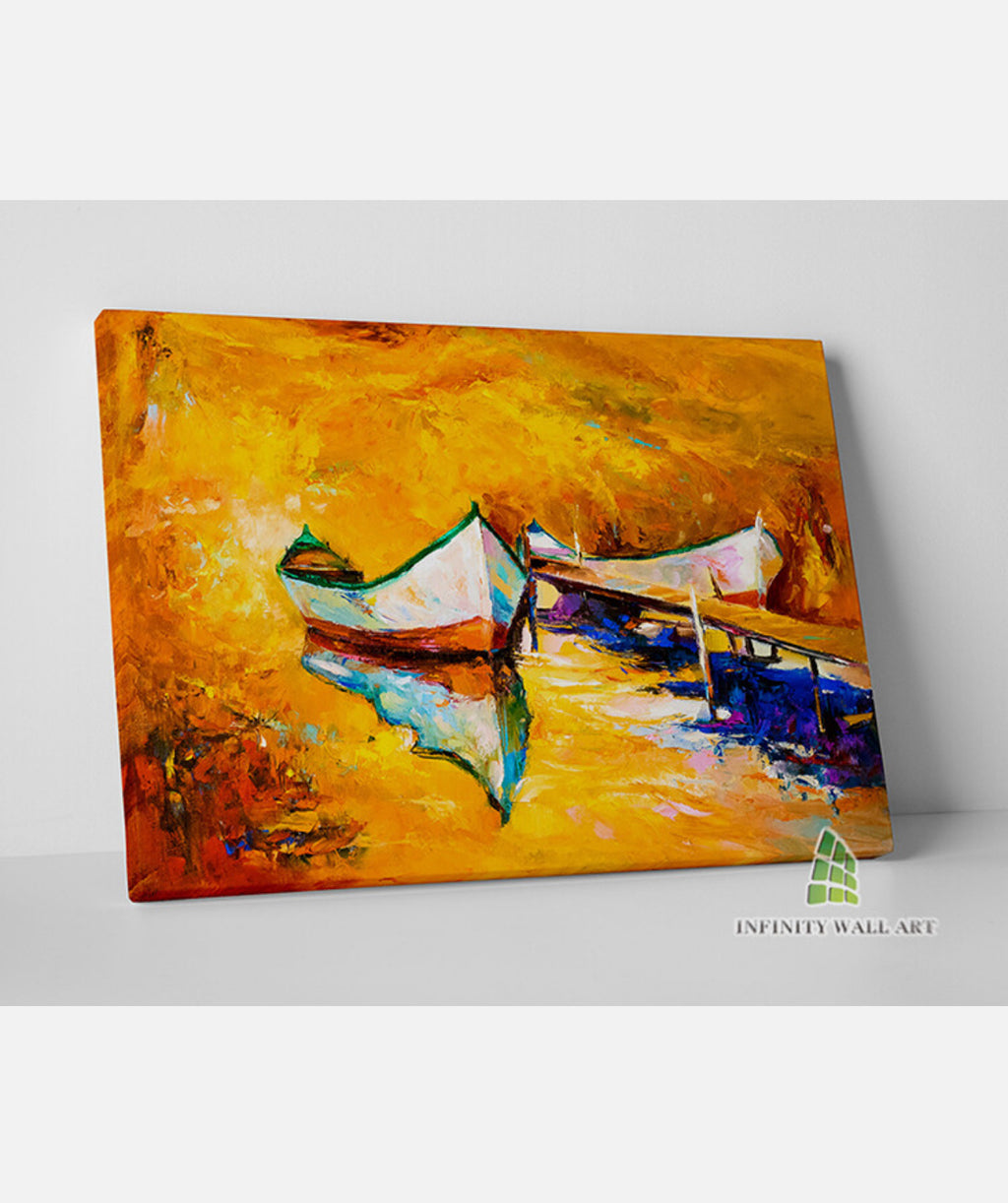 ABSTRACT Canvas Art Sunset & Boats Oil Painting Wall Print Picture Decor