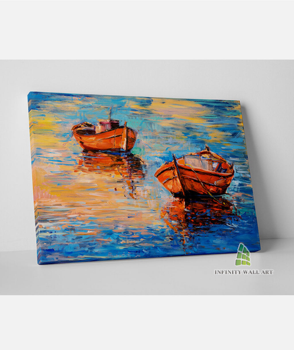 ABSTRACT Sunset & Boats Canvas Art Oil Painting Wall Print Picture Decor